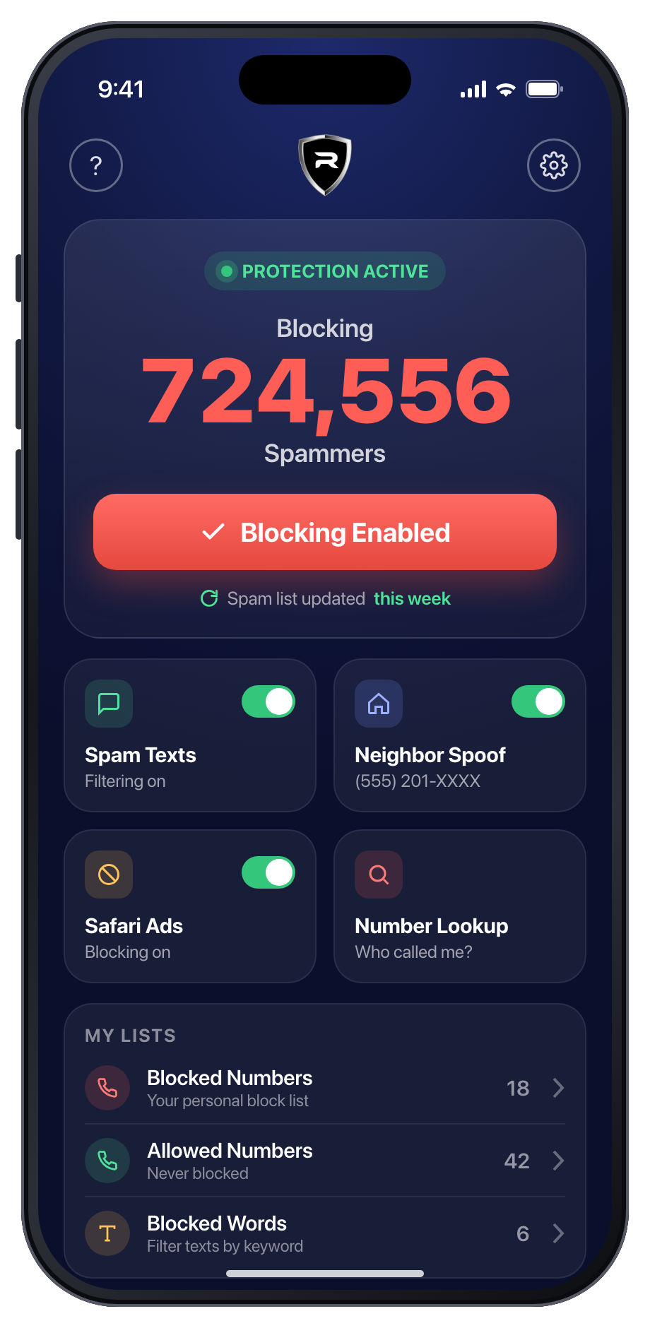 Robot Call Blocker home screen showing 724,556 spam numbers blocked, with spam text filtering, neighbor-spoof blocking and Safari ad blocking turned on